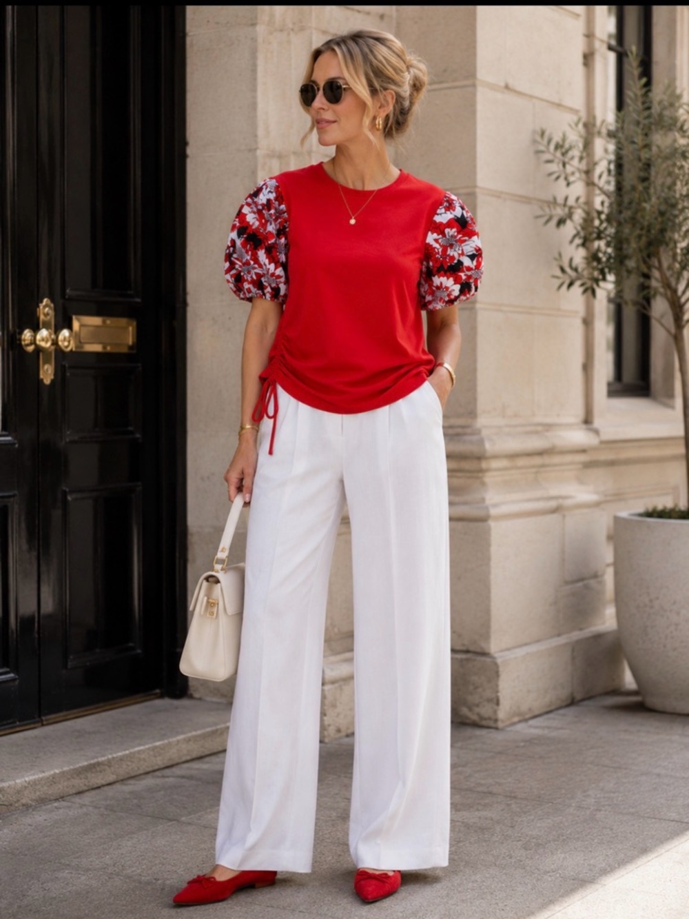 Gina Tees Red Short Sleeve Top with Floral Accents
